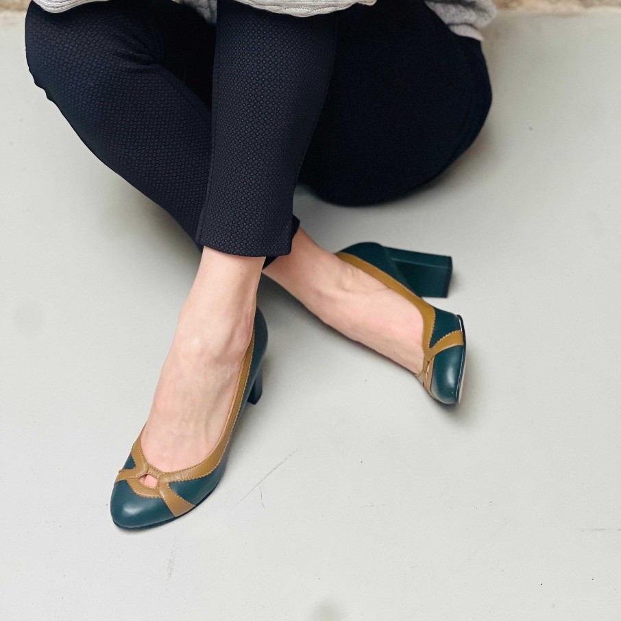 Online La Gatta Con Gli Stivali Carlotta Size Decollete Heel 7 Cm Green And Mustard Nappa Vintage Style