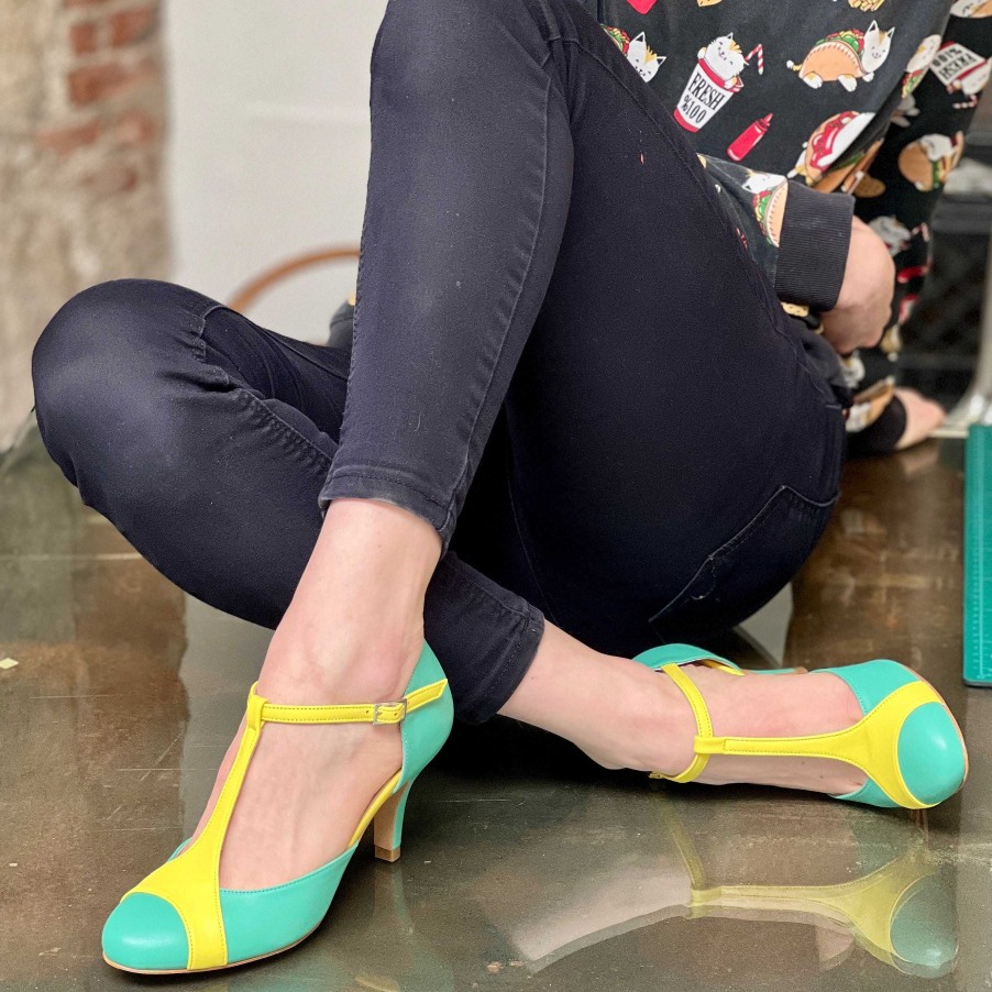 Clearance La Gatta Con Gli Stivali Mindy Green T Bar Slipper With 7 Cm Heel In Handcrafted Green And Yellow Nappa Leather