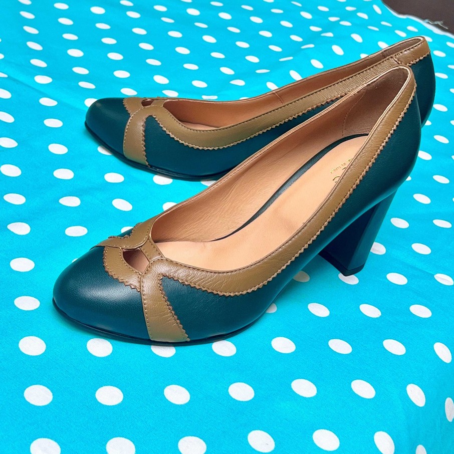 Online La Gatta Con Gli Stivali Carlotta Size Decollete Heel 7 Cm Green And Mustard Nappa Vintage Style