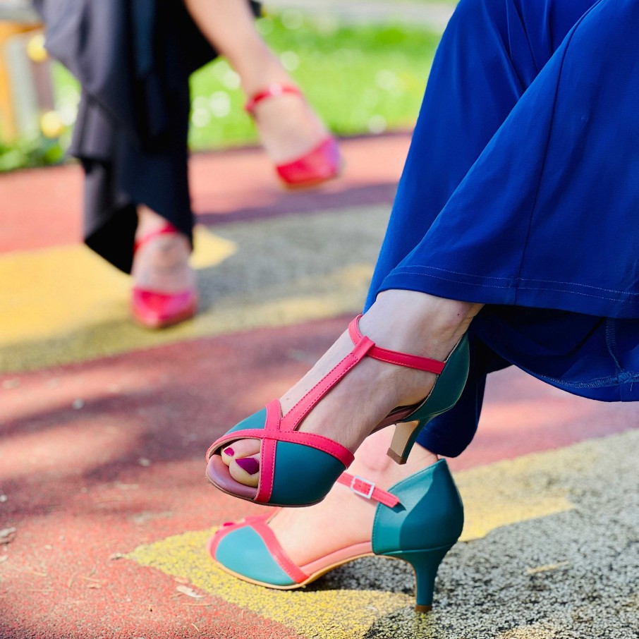 Hot La Gatta Con Gli Stivali Sonnie Ottanio T Bar Sandal In Ottanio Nappa And Coral Heel 6 Cm. Plateau 0.5 Cm. Artisanal