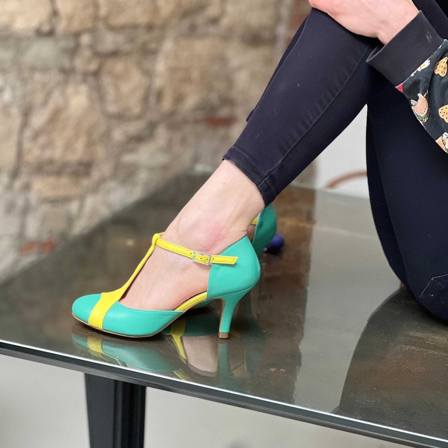 Clearance La Gatta Con Gli Stivali Mindy Green T Bar Slipper With 7 Cm Heel In Handcrafted Green And Yellow Nappa Leather