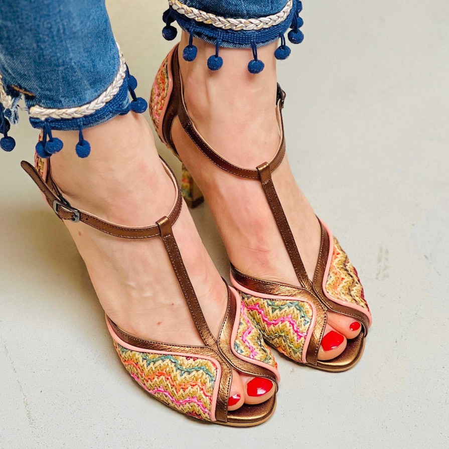 Wholesale La Gatta Con Gli Stivali Lanai Rafia T Bar Open Toe Sandal With Multicolor Raffia Heel And Artisan Nappa