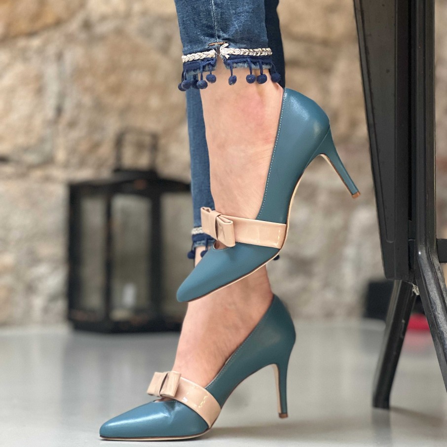 Online La Gatta Con Gli Stivali Rocher Ionio Parade Decollete In Blue Nappa Heel 8.5 Cm With Artisan Pink Patent Bow