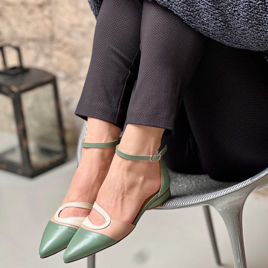 Hot La Gatta Con Gli Stivali Maia Green Ballerina With Heel In Pink Mint Nappa Leather And Tuscan Artisan Cream