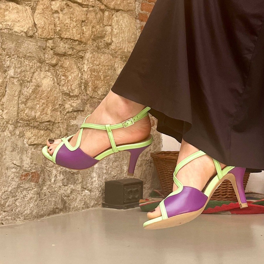 Wholesale La Gatta Con Gli Stivali Lou Mint Criss Cross Sandal In Purple Nappa With Handcrafted Heel