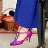 Online La Gatta Con Gli Stivali Mindy Violet T Bar Shoe With 7 Cm Heel In Handcrafted Fuchsia And Purple Nappa Leather