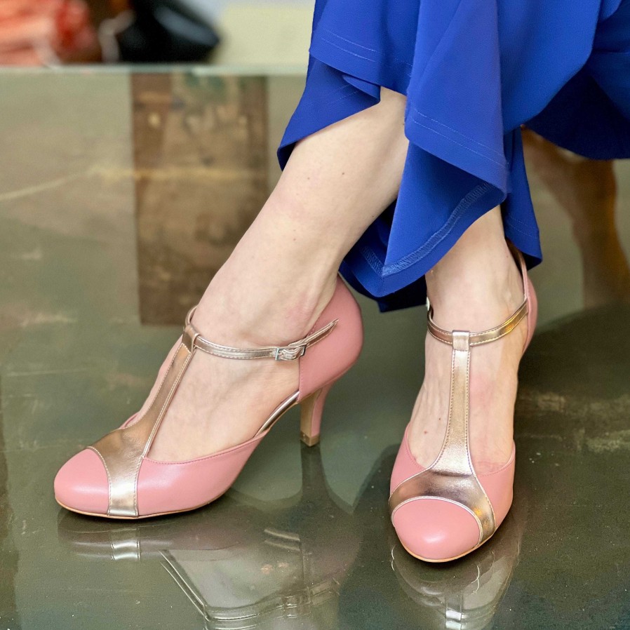 Hot La Gatta Con Gli Stivali Mindy Pink T Bar Slipper With 7 Cm Heel In Handcrafted Pink And Gold Laminated Nappa Leather