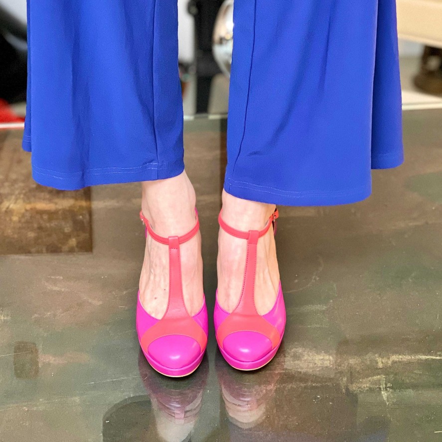 Best La Gatta Con Gli Stivali Mork Fuchsia T Bar With Plateau In Pink Nappa And Coral Handcrafted Heel 9 Cm