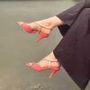 New La Gatta Con Gli Stivali Lou Gold Cross Sandal In Coral Nappa With Handcrafted Heel