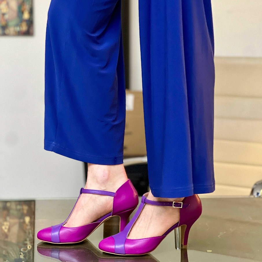 Online La Gatta Con Gli Stivali Mindy Violet T Bar Shoe With 7 Cm Heel In Handcrafted Fuchsia And Purple Nappa Leather