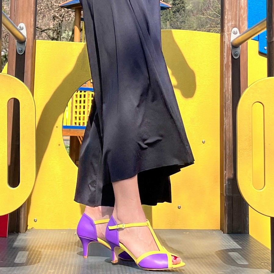 Online La Gatta Con Gli Stivali Sonnie Violet T Bar Sandal In Purple And Yellow Nappa Heel 6 Cm. Plateau 0.5 Cm. Artisanal